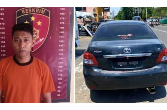 Petugas mengamankan seorang pria terduga pelaku penggelapan mobil Toyota Yaris, beserta kendaraan yang diduga dibeli dari hasil penjualan mobil curian, setelah ditangkap di Kota Padang oleh Unit Reskrim Polsek Tanjung Morawa.﻿(Foto:dokumen Polsek/Kabarnas