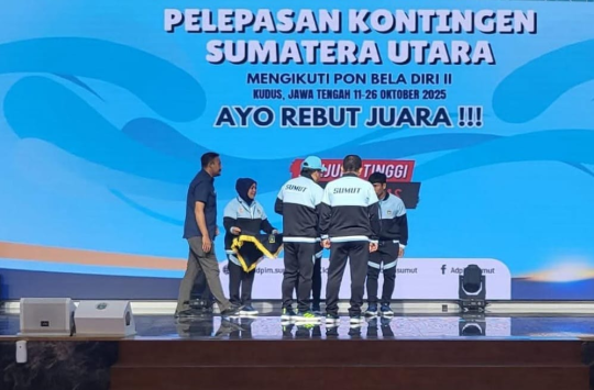 Acara pelepasan kontingen Sumut yang bakal berlaga di PON Beladiri II, Kudus (foto: sat Brimob Sumut)