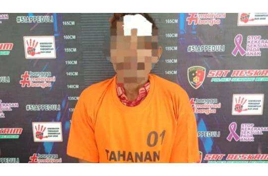 Pelaku pemerkosaan yang dilakukan terhadap seorang berusia 81 tahun saat diamankan Polres Sergai (Foto::dok Humas)