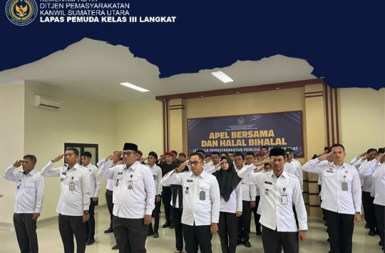 Kalapas Pemuda Langkat, Raymon Andika Girsang beserta jajarannya mengikuti Apel bersama Menko Bidang Hukum, HAM, Imigrasi, dan Pemasyarakatan se Indonesia (foto: Humas Lapada)