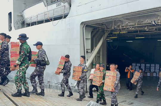 Personil TNIAL membongkar bantuan kemanusiaan dari  KRI Semarang-594 (foto; Dispen AL)